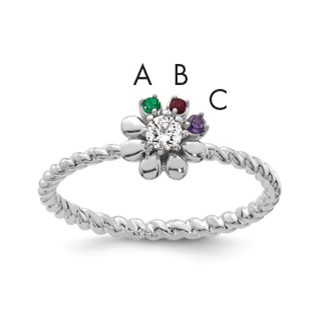 14k White Gold 3 Birthstone Flower with Diamond Mother's Ring