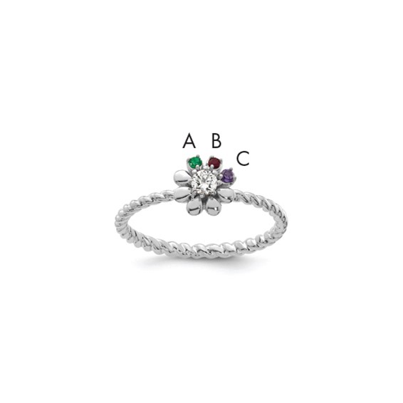 14k White Gold 3 Birthstone Flower with Diamond Mother's Ring
