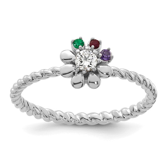 14k White Gold 3 Birthstone Flower with Diamond Mother's Ring