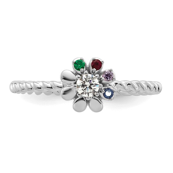 14k White Gold 4 Birthstone Flower with Diamond Mother's Ring