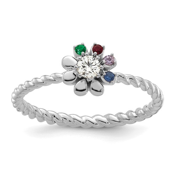 14k White Gold 4 Birthstone Flower with Diamond Mother's Ring