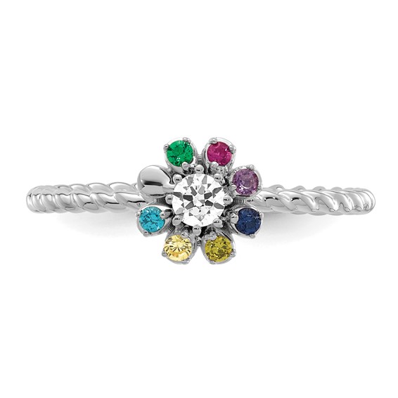 14k White Gold 7 Birthstone Flower with Diamond Mother's Ring
