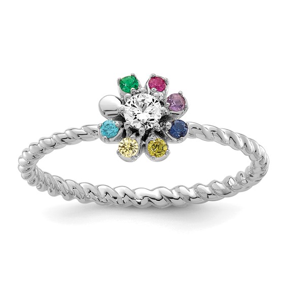 14k White Gold 7 Birthstone Flower with Diamond Mother's Ring