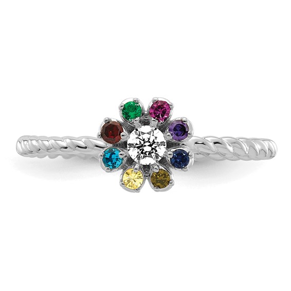 14k White Gold 8 Birthstone Flower with Diamond Mother's Ring
