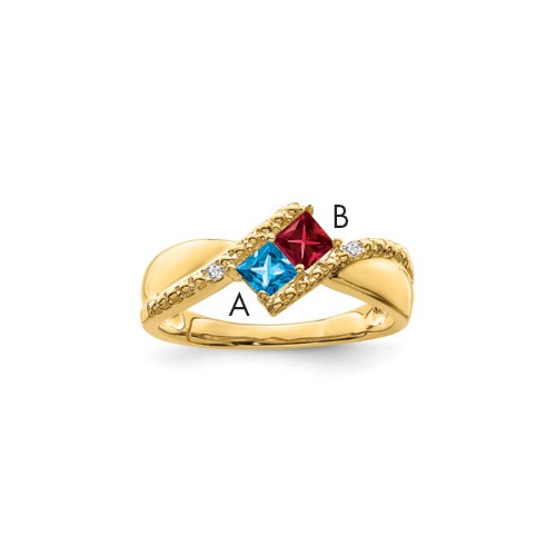 14K Yellow Gold Personalized 2-Name Diamond and Genuine 2 Stone Couple's Ring