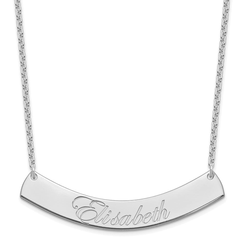 SS/Rhodium-plated Large Polished Curved Edwardian Script Bar Necklace
