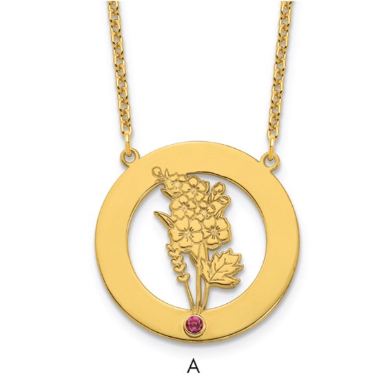 SS/Gold-Plated Circle w/1 Birth Flower and Birthstone Necklace