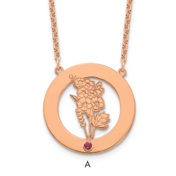 SS/Rose-plated Circle w/1 Birth Flower and Birthstone Necklace