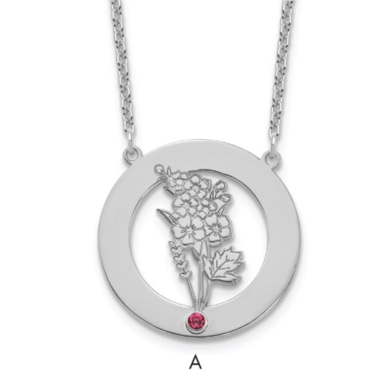 SS/Rhod-plated Circle w/1 Birth Flower and Birthstone Necklace