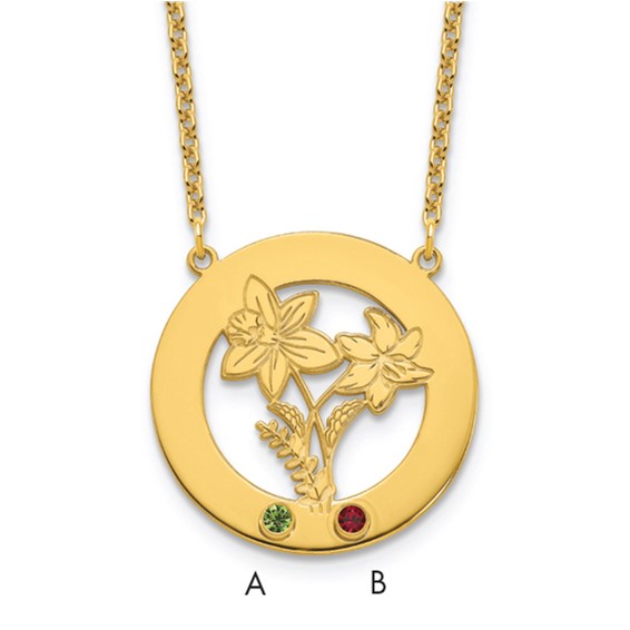 SS/Gold-Plated Circle w/2 Birth Flower and Birthstone Necklace