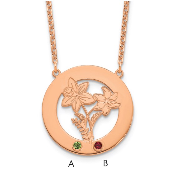 SS/Rose-plated Circle w/2 Birth Flower and Birthstone Necklace
