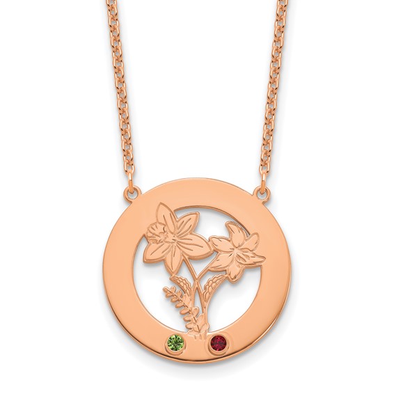 SS/Rose-plated Circle w/2 Birth Flower and Birthstone Necklace