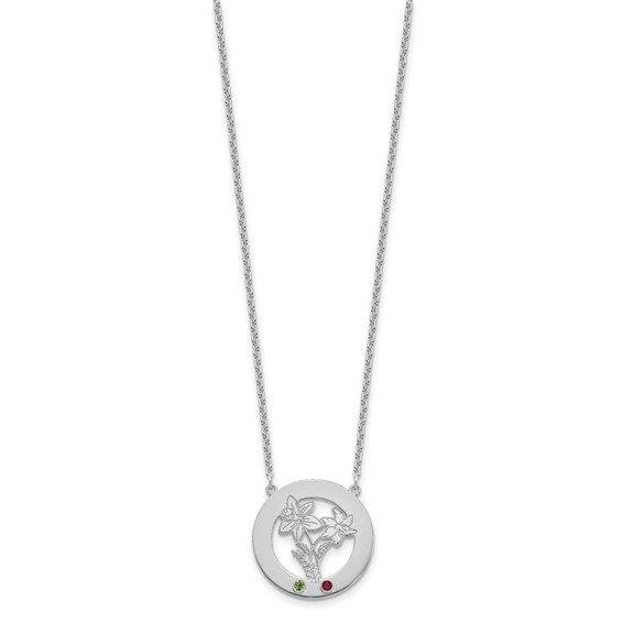 SS/Rhod-plated Circle w/2 Birth Flower and Birthstone Necklace