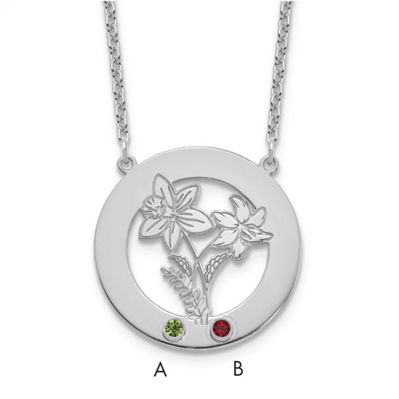SS/Rhod-plated Circle w/2 Birth Flower and Birthstone Necklace