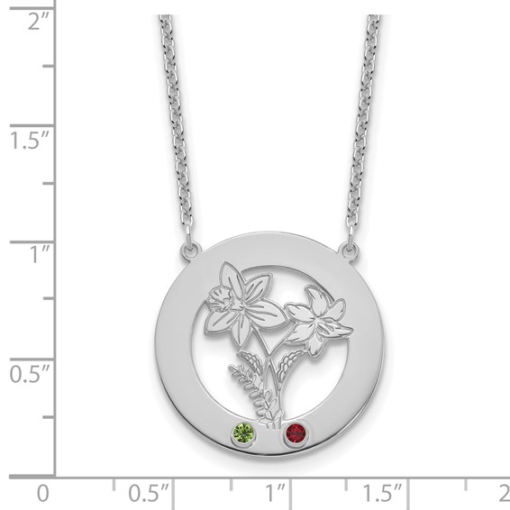 SS/Rhod-plated Circle w/2 Birth Flower and Birthstone Necklace