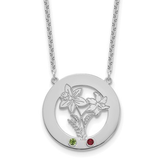 SS/Rhod-plated Circle w/2 Birth Flower and Birthstone Necklace