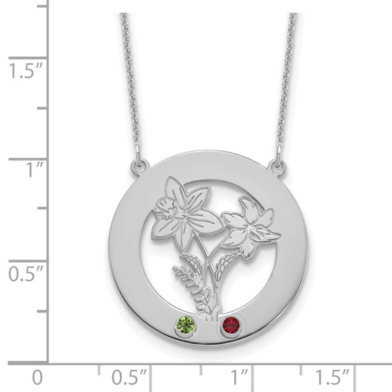 14k White Gold Circle w/2 Birth Flower and Birthstone Necklace