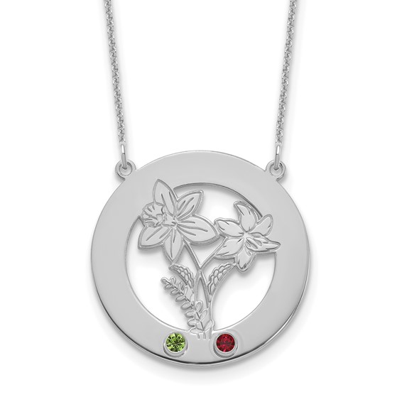 14k White Gold Circle w/2 Birth Flower and Birthstone Necklace