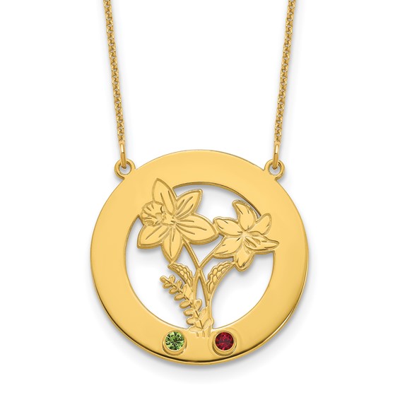 14k Yellow Gold Circle w/2 Birth Flower and Birthstone Necklace