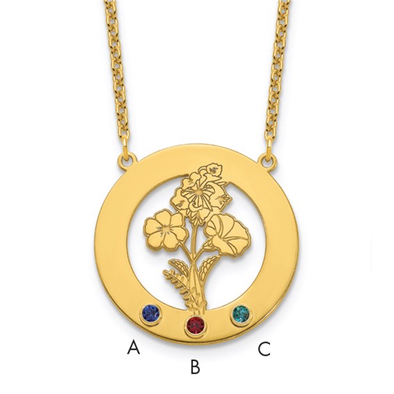 SS/Gold-Plated Circle w/3 Birth Flower and Birthstone Necklace