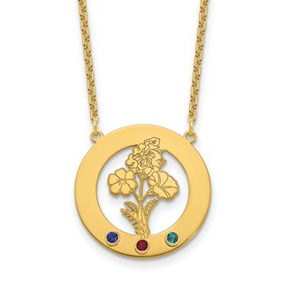 SS/Gold-Plated Circle w/3 Birth Flower and Birthstone Necklace