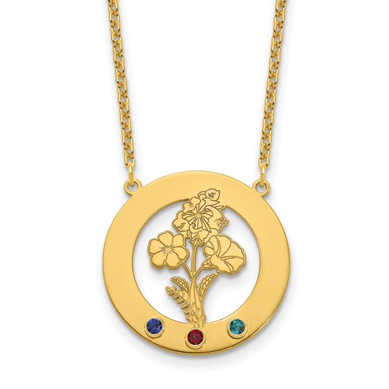 SS/Gold-Plated Circle w/3 Birth Flower and Birthstone Necklace