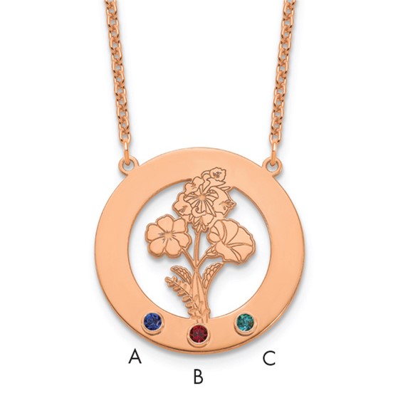 SS/Rose-plated Circle w/3 Birth Flower and Birthstone Necklace