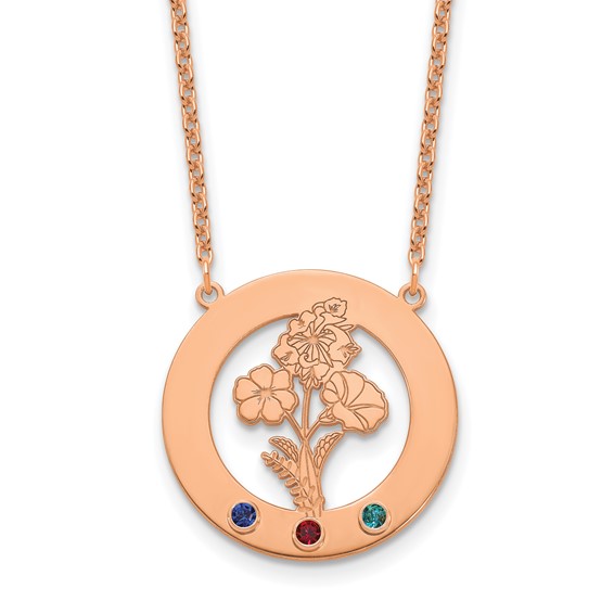 SS/Rose-plated Circle w/3 Birth Flower and Birthstone Necklace