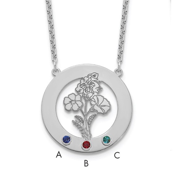 SS/Rhod-plated Circle w/3 Birth Flower and Birthstone Necklace