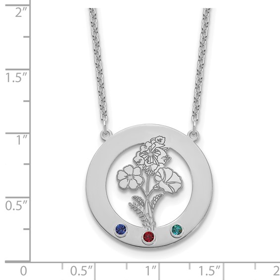 SS/Rhod-plated Circle w/3 Birth Flower and Birthstone Necklace