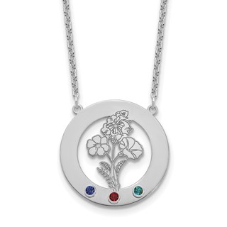 SS/Rhod-plated Circle w/3 Birth Flower and Birthstone Necklace