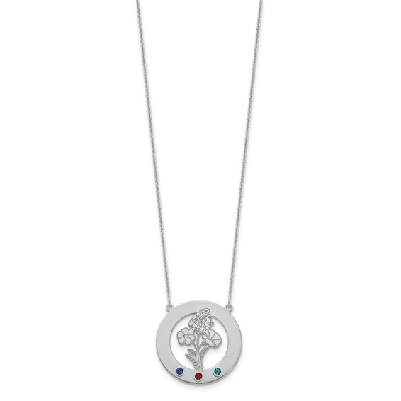 14k White Gold Circle w/3 Birth Flower and Birthstone Necklace