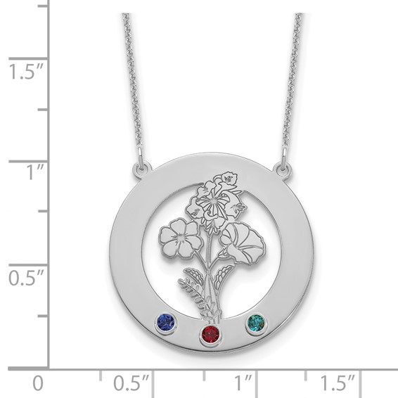 14k White Gold Circle w/3 Birth Flower and Birthstone Necklace