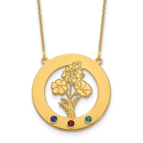 14k Yellow Gold Circle w/3 Birth Flower and Birthstone Necklace