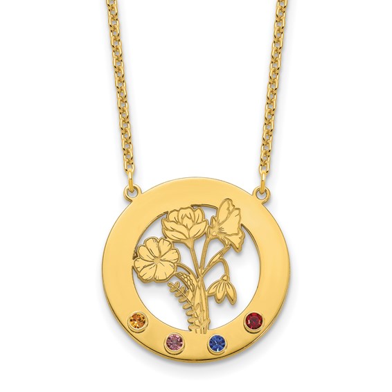 SS/Gold-Plated Circle w/4 Birth Flower and Birthstone Necklace