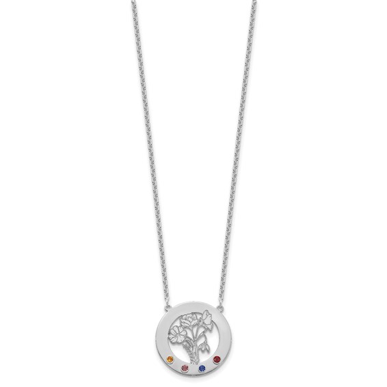 SS/Rhod-plated Circle w/4 Birth Flower and Birthstone Necklace