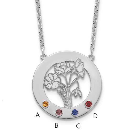 SS/Rhod-plated Circle w/4 Birth Flower and Birthstone Necklace