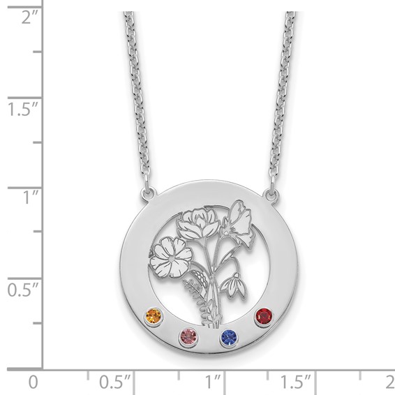 SS/Rhod-plated Circle w/4 Birth Flower and Birthstone Necklace