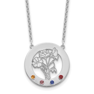 SS/Rhod-plated Circle w/4 Birth Flower and Birthstone Necklace