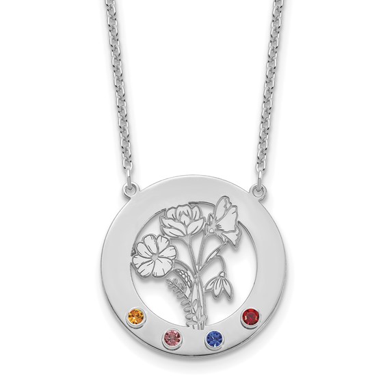 SS/Rhod-plated Circle w/4 Birth Flower and Birthstone Necklace