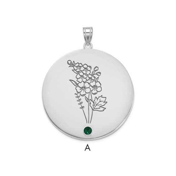 14k White Gold Circle w/1 Birth Flower and Birthstone Pendant