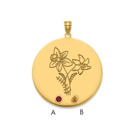 14k Yellow Gold Circle w/2 Birth Flower and Birthstone Pendant