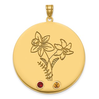 SS/Gold-Plated Circle w/2 Birth Flower and Birthstone Pendant