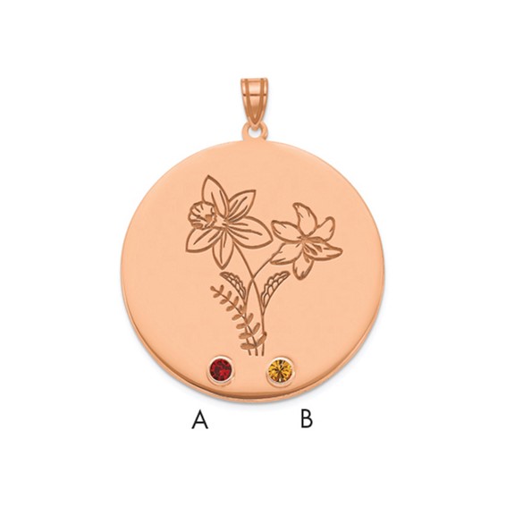 SS/Rose-plated Circle w/2 Birth Flower and Birthstone Pendant