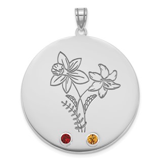SS/Rhod-plated Circle w/2 Birth Flower and Birthstone Pendant