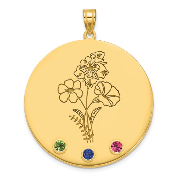 14k Yellow Gold Circle w/3 Birth Flower and Birthstone Pendant