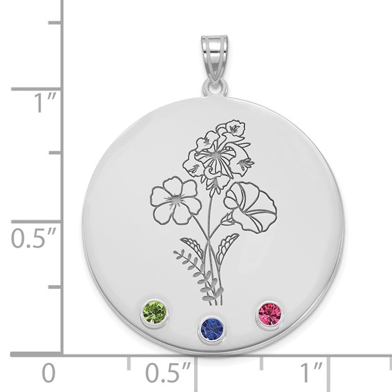 14k White Gold Circle w/3 Birth Flower and Birthstone Pendant