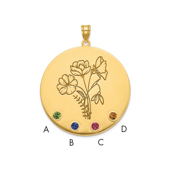 14k Yellow Gold Circle w/4 Birth Flower and Birthstone Pendant