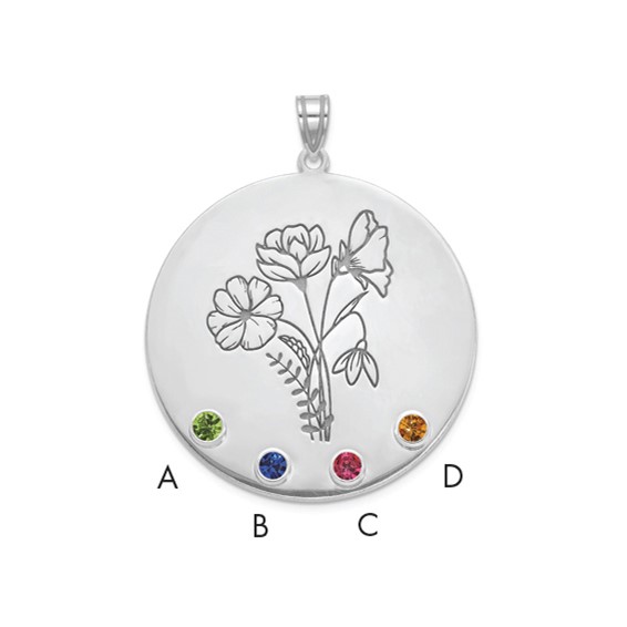 SS/Rhod-plated Circle w/4 Birth Flower and Birthstone Pendant