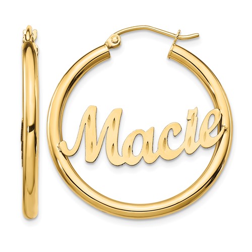 14K Yellow Gold Diamond-cut Name Plate Hoop Earrings